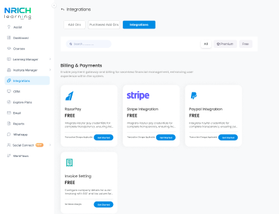 Payment integration dashboard with Stripe, PayPal, and billing management options.